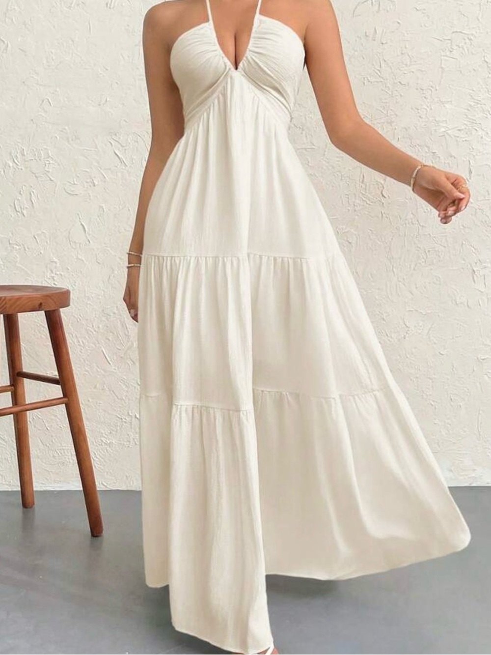 SHEIN White Back-Tie Halter Tiered Maxi Dress